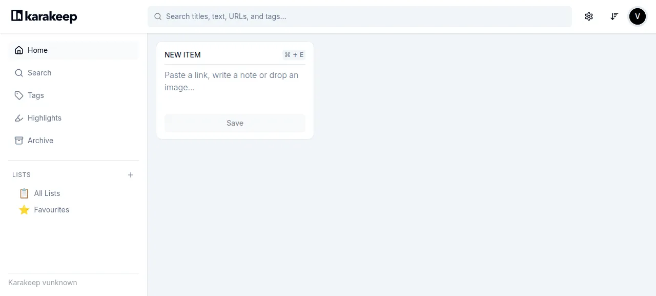 The empty Karakeep home page after signing in