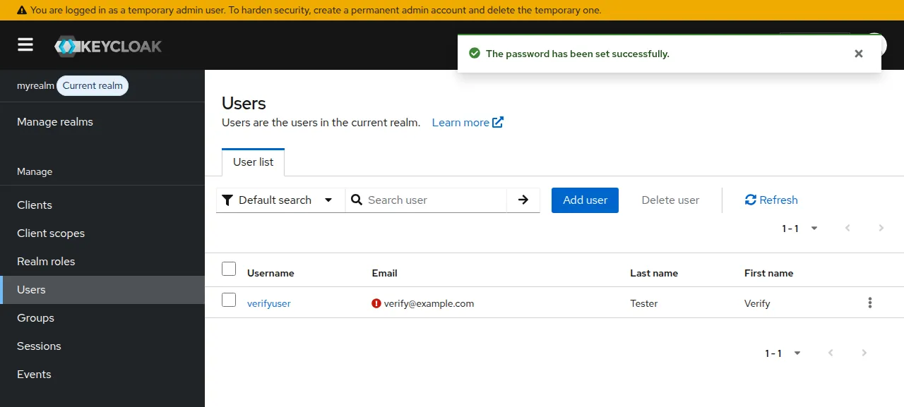 The Keycloak Users list of the realm myrealm with the new user verifyuser
